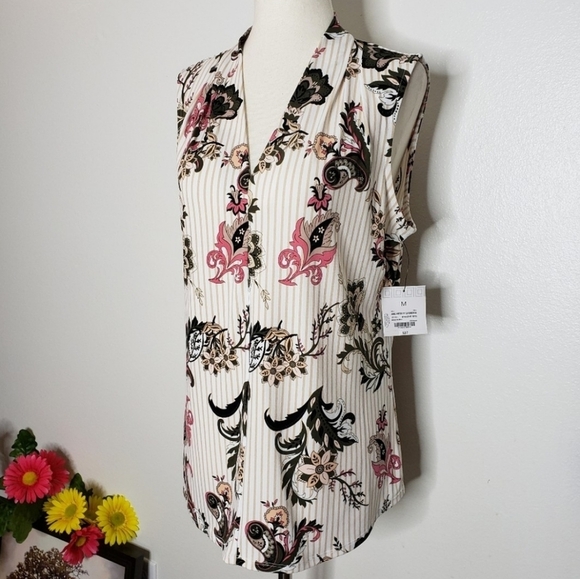 NEW Liz Claiborne White Paisley June Top Sleeveless Green Preppy Summer Slim Fit - Picture 3 of 6